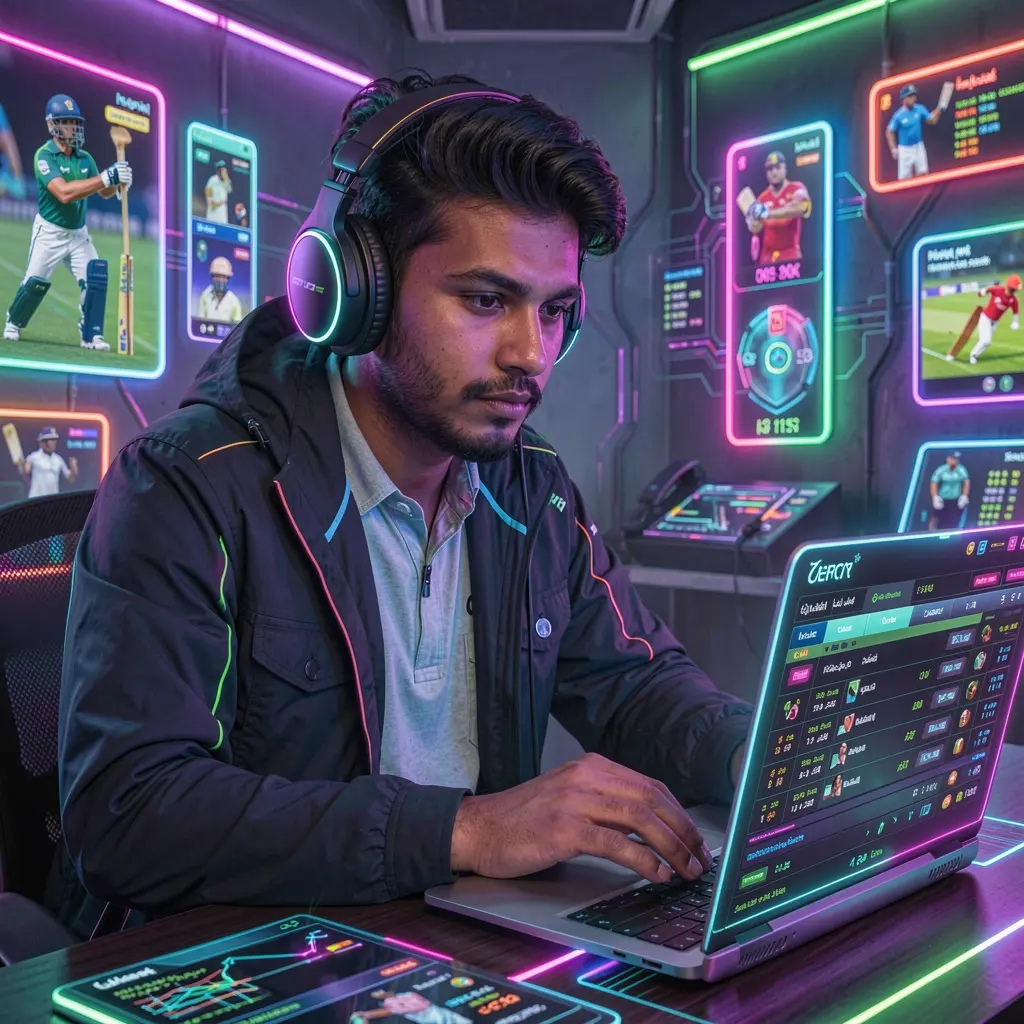 Futuristic sports betting interface on a laptop with live cricket odds and statistics in a vibrant neon setting using 95OK in Bangladesh