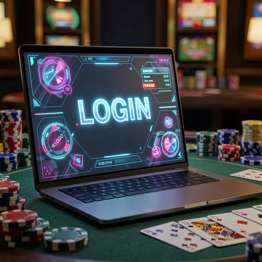 Close up of a laptop with a bright login button and blurred casino chips in the background representing fast and secure access to 95OK casino in Bangladesh